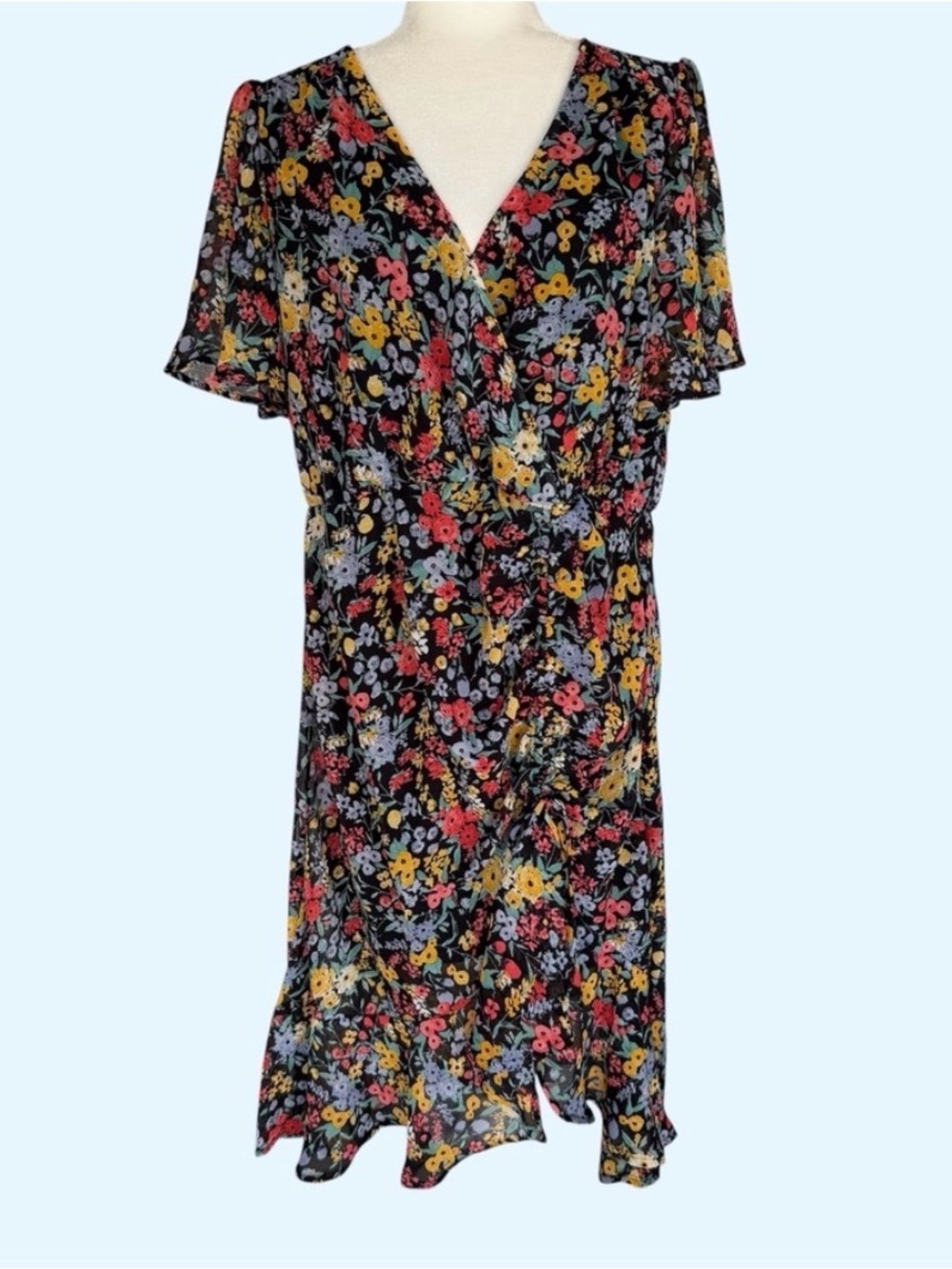 Eyeshadow Black Floral Garden Faux Wrap Flutter Sleeve Flowy Midi Dress XL